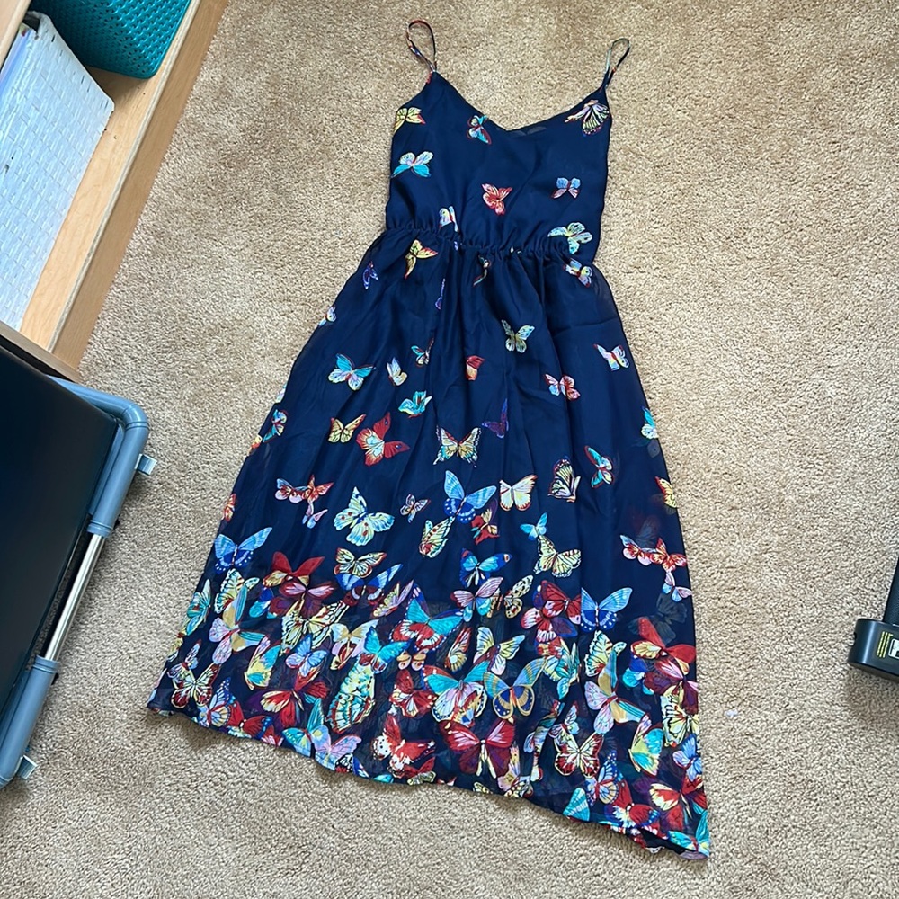 Navy blue butterfly dress sheer with sewn in slip flown pretty cute